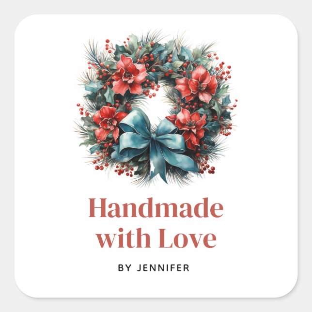 Handmade with Love Pine Wreath with Holly Square Sticker (Front)