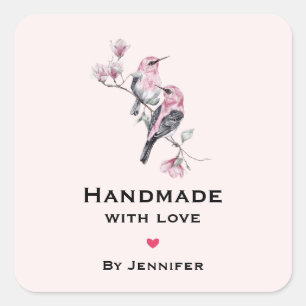 Handmade with Love Pink and Black Birds on a Tree Square Sticker