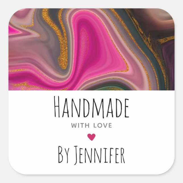 Handmade with Love Pink, Black, Gold  Abstract  Square Sticker (Front)