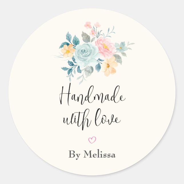 Handmade with Love Pink & Blue Flower Bouquet Classic Round Sticker (Front)