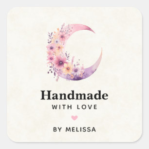 Handmade with Love Pink Crescent Moon Square Sticker