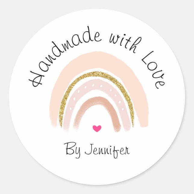 Handmade with Love Pink & Faux Glitter Rainbow Classic Round Sticker (Front)