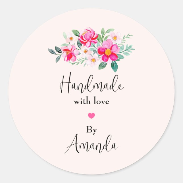 Handmade with Love Pink Flower Bouquet Classic Round Sticker (Front)