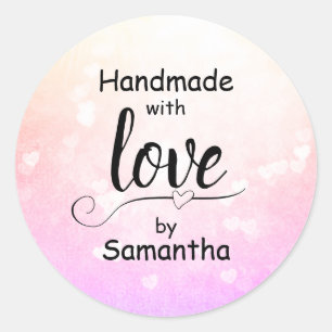 Handmade with Love Pink Ombre Heart Custom Name Classic Round Sticker