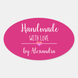 Handmade with love pink script name oval sticker