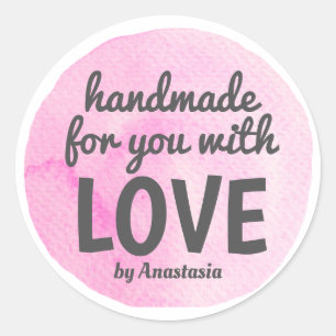Handmade with Love Pink Watercolor Classic Round Sticker