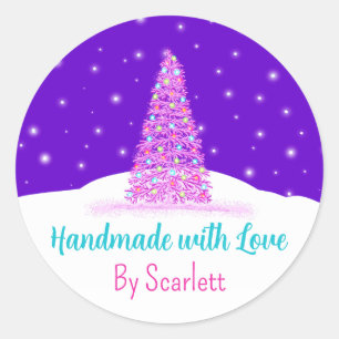 Handmade With Love Purple Christmas Tree Classic Round Sticker