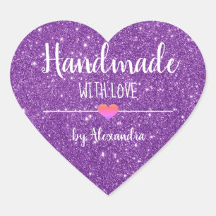 Handmade with love purple glitter script   heart sticker
