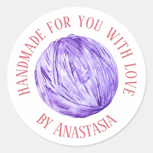 Handmade with Love Purple Yarn Classic Round Sticker (Front)