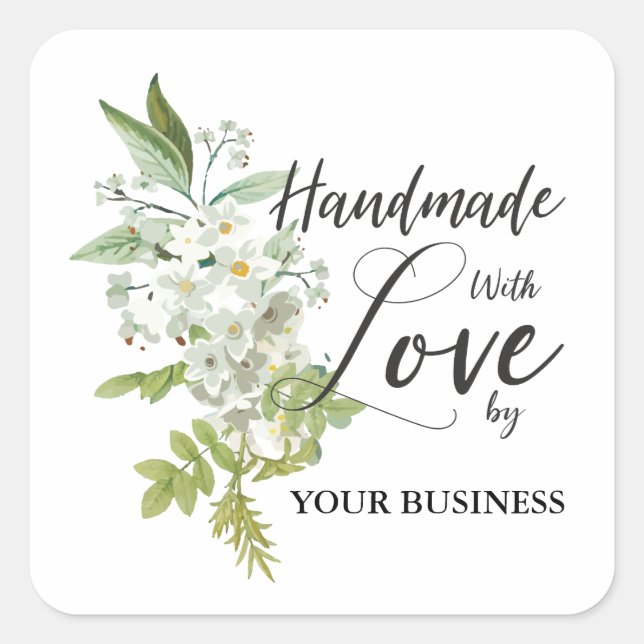 Handmade with Love Quote on Green Floral Garland Square Sticker (Front)