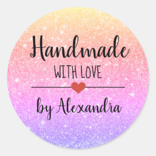 Handmade with love rainbow glitter script classic round sticker