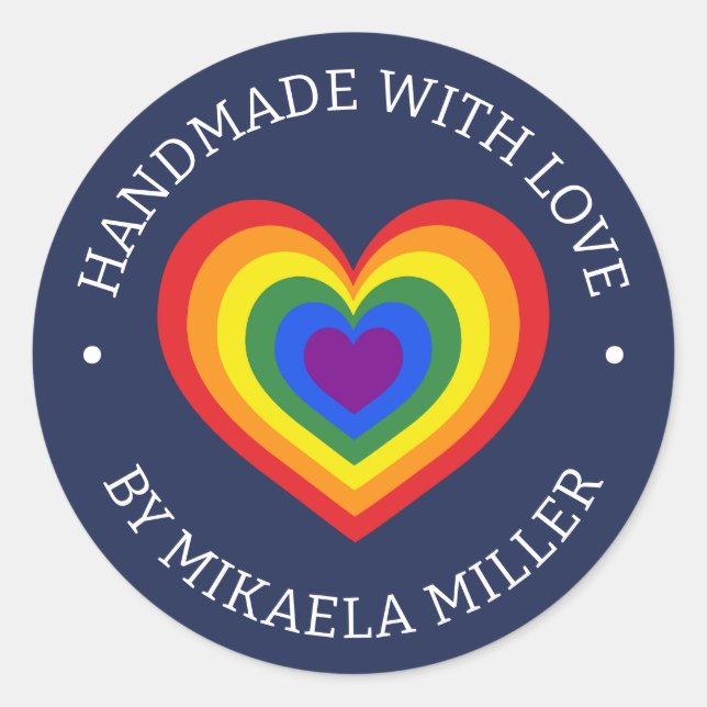 Handmade With Love Rainbow Heart Custom Name Navy Classic Round Sticker (Front)
