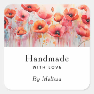 Handmade with Love Red Watercolor Poppies Square Sticker