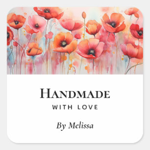 Handmade with Love Red Watercolor Poppies Square Sticker