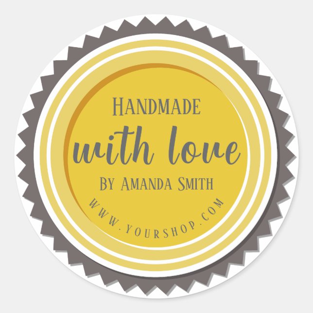 Handmade With Love Round Yellow Sticker (Front)