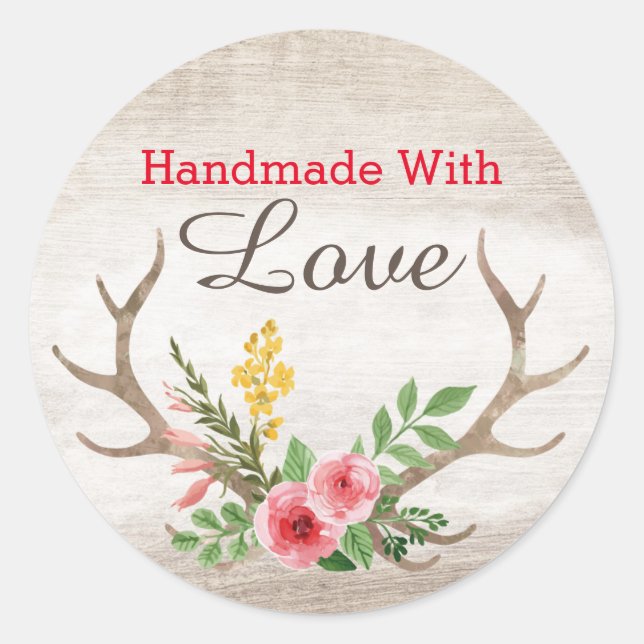 Handmade With Love Rustic Deer Antler Bohemian Classic Round Sticker (Front)