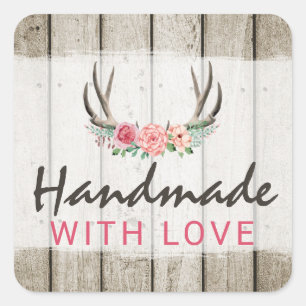 Handmade With Love Rustic Floral Antlers on Wood Square Sticker