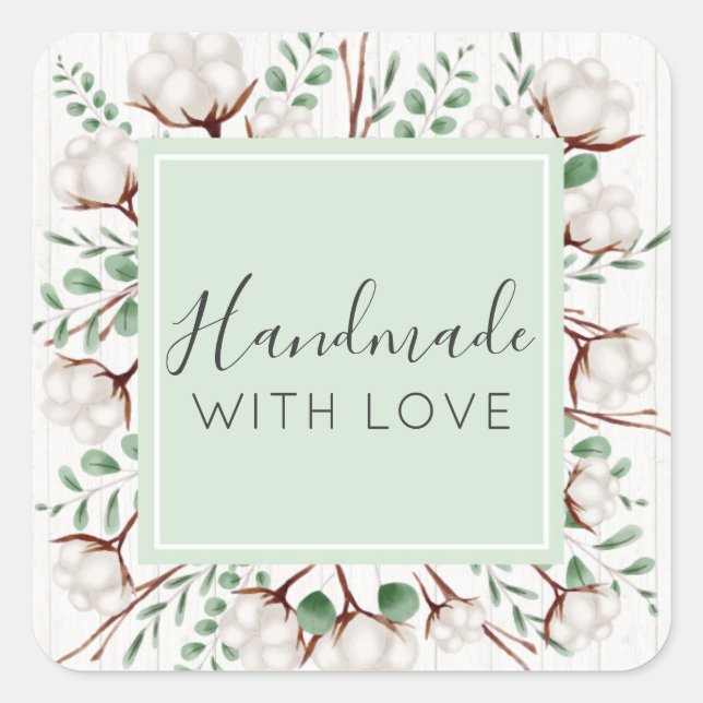Handmade With Love Rustic Southern Cotton Flowers Square Sticker (Front)