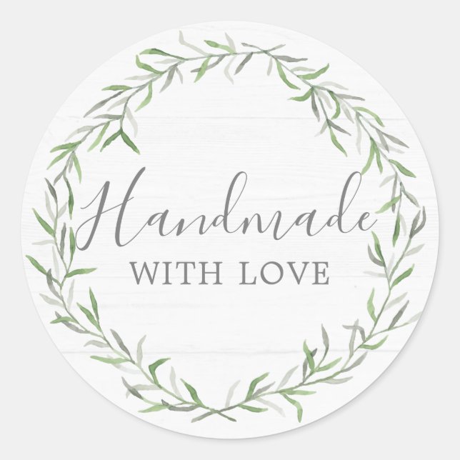 Handmade With Love Rustic Wood & Botanical Wreath Classic Round Sticker (Front)