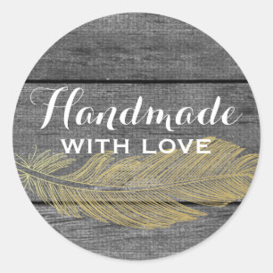 Handmade With Love Rustic Wood & Gold Feather Classic Round Sticker
