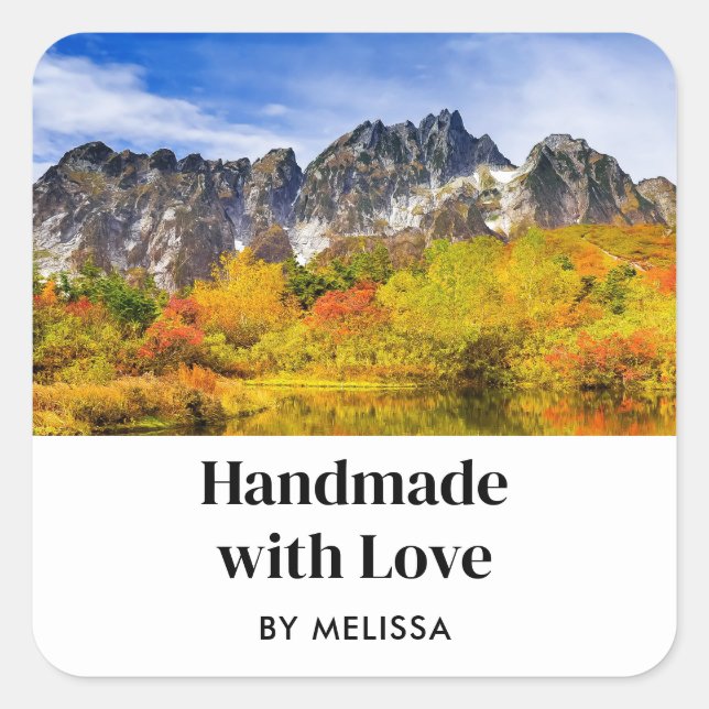 Handmade with Love Scenic Forest and Mountains Square Sticker (Front)