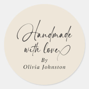 Handmade With Love Script Small Business   Ecru Classic Round Sticker