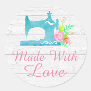 Handmade With Love Sewing Machine Rustic Wood Classic Round Sticker