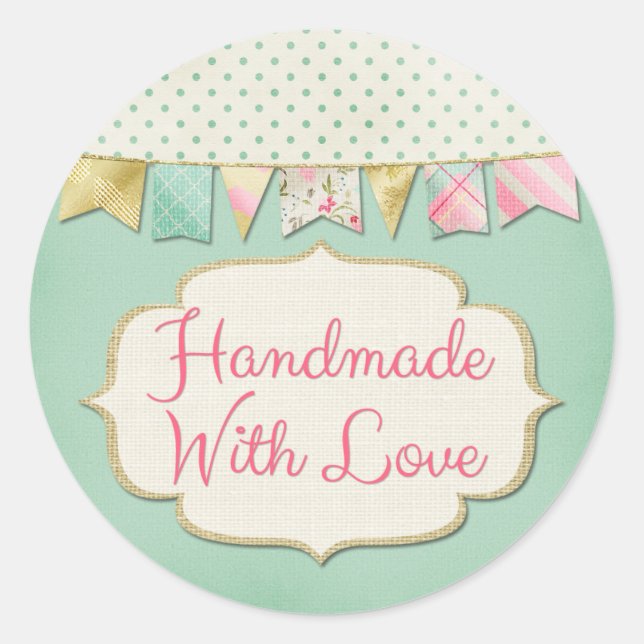 Handmade With Love Shabby Chic Boutique Bunting Classic Round Sticker (Front)