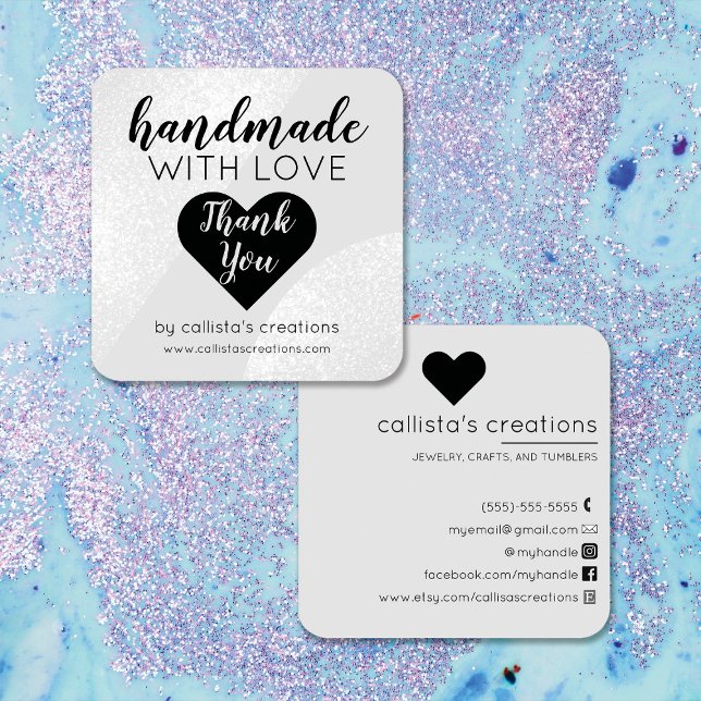 Handmade With Love Silver Grey Glitter Geo Heart Square Business Card (Creator Uploaded)