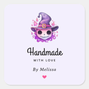 Handmade with Love Skull in a Witch's Hat Cute Square Sticker