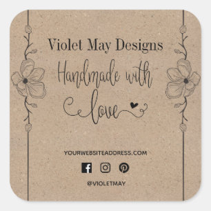 Handmade with Love Social Media Rustic Kraft Square Sticker