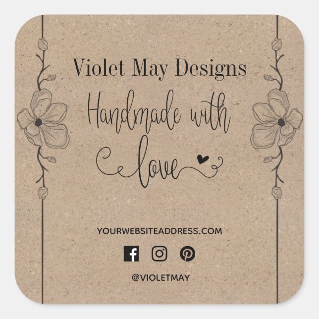 Handmade with Love Social Media Rustic Kraft Square Sticker (Front)