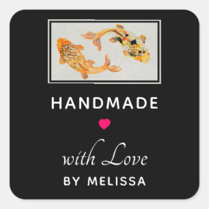 Handmade with Love Stylish Gold Koi Fish Square Sticker