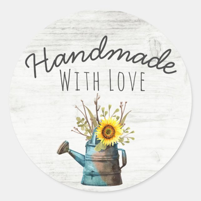 Handmade With Love Sunflower Floral & Rustic Wood Classic Round Sticker (Front)