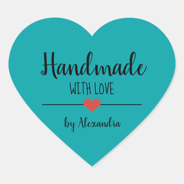 Handmade with love teal script personalised  heart sticker (Front)