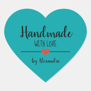 Handmade with love teal script personalised  heart sticker