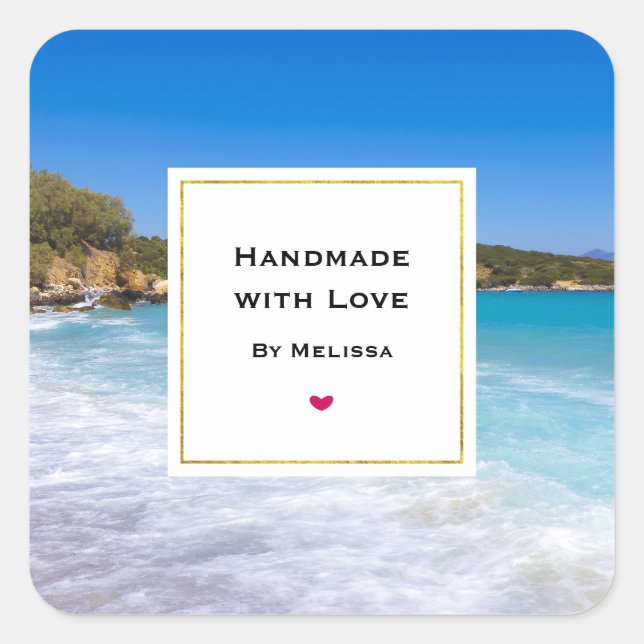 Handmade with Love Tropical Beach Island Paradise Square Sticker (Front)