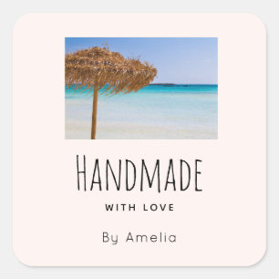 Handmade with Love Tropical Beach with Umbrella Square Sticker