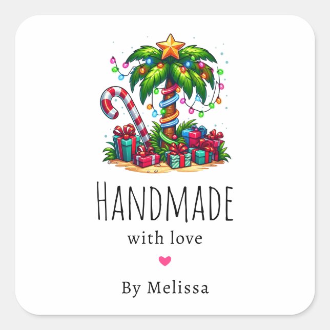 Handmade with Love Tropical Christmas Palm Tree Square Sticker (Front)