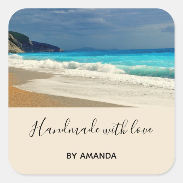Handmade with Love Turquoise Blue Sea Tropical Square Sticker (Front)