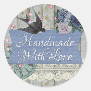 Handmade With Love Vintage Swallow Bird Shabby Classic Round Sticker