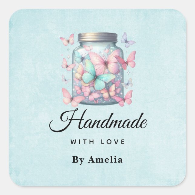 Handmade with Love Whimsical Butterflies in a Jar Square Sticker (Front)