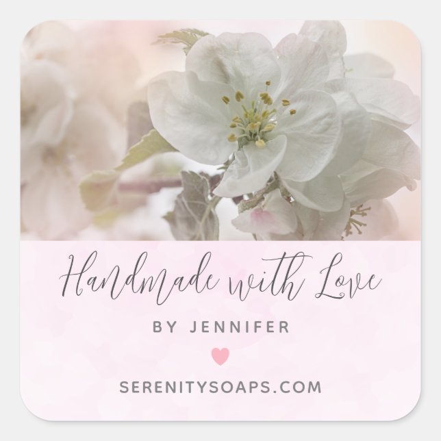 Handmade with Love White Apple Blossom Photograph Square Sticker (Front)
