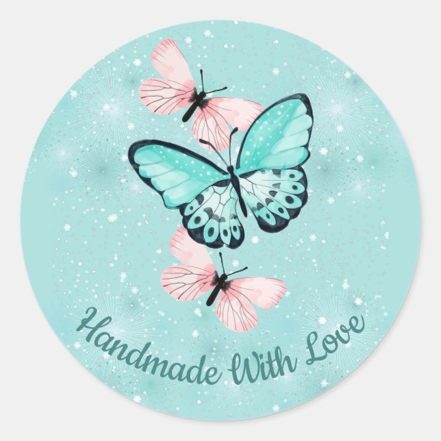 "Handmade with Love" With Butterflies Classic Round Sticker (Front)
