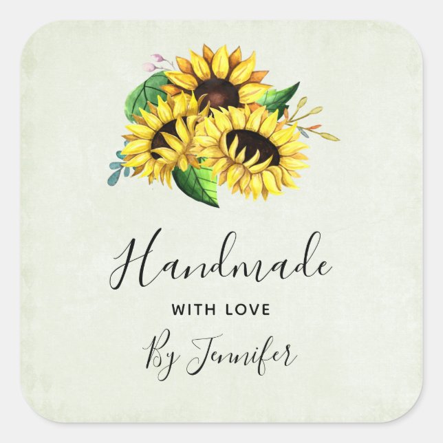 Handmade with Love Yellow Sunflower Bouquet Square Sticker (Front)