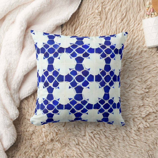 Handpainted Blue Moroccan tile pattern Cushion (Blanket)