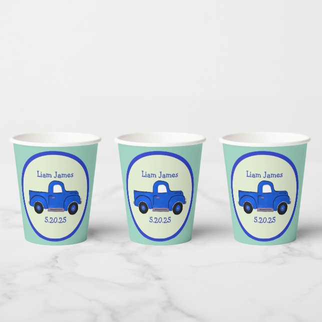Handpainted Blue Truck Art Personalise Paper Cups (Multi)
