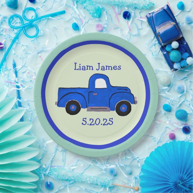 Handpainted Blue Truck Art Personalise Paper Plate (Party)