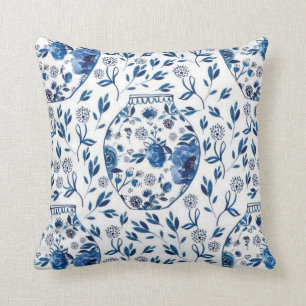 Handpainted Blue & White Chinoiserie Floral Style Cushion