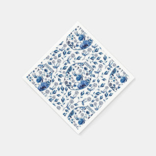 Handpainted Blue & White Chinoiserie Floral Style Napkin